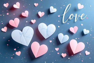The primary subject of the image is a collection of white and pink heart-shaped cutouts. These heart cutouts are arranged in various positions, creating a visually appealing display. The setting is a blue background, which contrasts nicely with the white and pink colors of the hearts. The visual style of the image is a combination of digital art and illustration, giving it a unique and creative appearance. The overall atmosphere of the image is warm, inviting, and full of love.