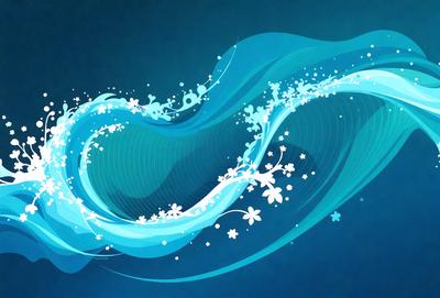The primary subject of the image is a blue wave with white flowers on it. The setting is a blue background, and the visual style is digital art. The dominant colors are blue and white, creating a calm and serene atmosphere.