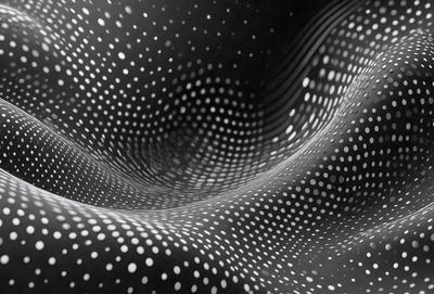 The primary subject of the image is a close-up of a patterned surface, which appears to be a black and white polka dot pattern. The setting is a dark background, which contrasts with the patterned surface. The visual style of the image is a close-up, which emphasizes the intricate details of the pattern. The colors and mood of the image are predominantly black and white, giving it a classic and timeless feel.