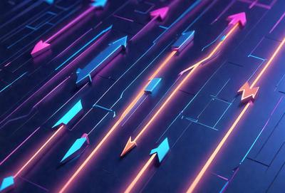 The primary subject of the image is a colorful, neon-lit arrow pointing upwards. The arrow is part of a larger pattern, which includes multiple arrows of varying sizes and colors. The setting is a black background, which contrasts with the vibrant colors of the arrows. The visual style is a combination of digital art and illustration, creating a dynamic and eye-catching design. The colors and mood of the image are predominantly bright and energetic, with the neon lights adding a sense