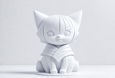 The primary subject of the image is a white cat figurine. The setting is a white background, which provides a clean and minimalist appearance. The visual style is a combination of digital art and illustration, creating a unique and eye-catching design. The colors and mood of the image are predominantly white, giving it a calm and serene atmosphere.