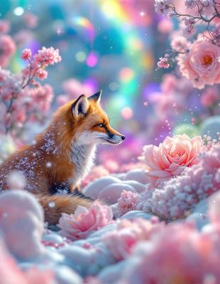 The primary subject of the image is a fox sitting in a field of pink flowers. The setting is a snowy environment, with the fox surrounded by a beautiful and colorful display of flowers. The visual style of the image is a digital art or illustration, creating a whimsical and enchanting atmosphere. The dominant colors in the image are pink and white, with the fox's fur and the flowers adding a touch of warmth and life to the scene.