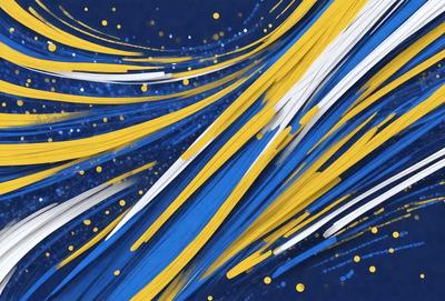The primary subject of the image is a blue and yellow painting, featuring a swirling pattern with yellow and blue streaks. The setting is a blue background, and the visual style appears to be a digital art or illustration. The dominant colors in the painting are blue and yellow, creating a vibrant and lively atmosphere.