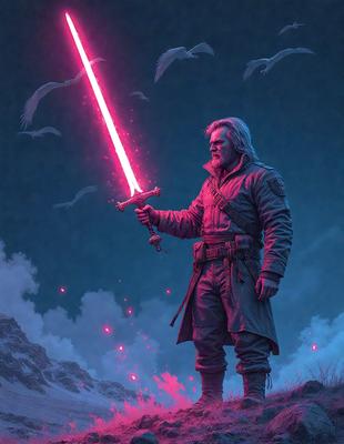 The primary subject of the image is a man holding a red sword. He is standing in a field with a cloudy sky in the background. The visual style of the image is a digital art or illustration, with the man and his surroundings depicted in a vivid and detailed manner. The colors and mood of the image are predominantly dark and dramatic, with the red sword and the cloudy sky creating a sense of intensity and action.