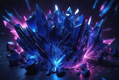 The primary subject of the image is a large, colorful crystal formation. The setting is a dark background, which contrasts with the vibrant colors of the crystal. The visual style is a combination of digital art and illustration, creating a unique and eye-catching design. The dominant colors are blue and purple, giving the image a calming and serene atmosphere.