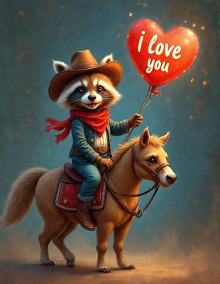 The primary subject of the image is a cartoon character, specifically a raccoon, riding a horse. The setting is a painting or drawing, with a red background. The visual style is a mix of digital art and illustration, creating a whimsical and playful atmosphere. The colors are predominantly red and brown, with the horse being brown and the raccoon being brown and white.