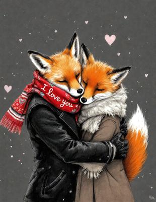 The image features two foxes hugging each other, with one fox wearing a scarf. The foxes are positioned close to each other, creating a warm and affectionate scene. The setting appears to be a snowy environment, adding a chilly atmosphere to the image. The visual style is a combination of digital art and illustration, creating a unique and captivating scene. The colors in the image are predominantly red and orange, which are associated with warmth and love.