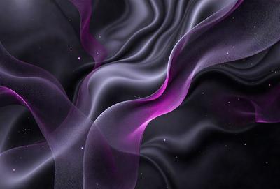The primary subject of the image is a purple and black flowing fabric, which appears to be a digital art or illustration. The setting is a black background, and the visual style is a combination of digital art and illustration. The colors and mood of the image are predominantly purple and black, creating a dramatic and artistic atmosphere.