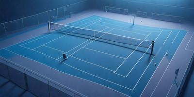 The primary subject of the image is a tennis court, which is depicted in a blue and white color scheme. The setting is an indoor tennis court, and the visual style is a painting or drawing. The colors and mood of the image are predominantly blue and white, creating a calm and focused atmosphere.