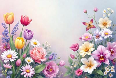 The primary subject of the image is a beautiful bouquet of flowers, featuring a variety of different types and colors. The flowers are arranged in a visually appealing manner, creating a sense of harmony and natural beauty. The setting is a vibrant and colorful background, which complements the flowers and adds to the overall visual appeal of the image. The visual style of the image is a combination of digital art and illustration, resulting in a high-quality and detailed representation of the flowers. The colors and mood of the image