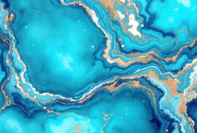 The primary subject of the image is a blue and gold swirling pattern, which appears to be a piece of art or a decorative design. The setting is a blue and gold swirling pattern, which appears to be a piece of art or a decorative design. The visual style is a close-up of the swirling pattern, showcasing its intricate details. The colors and mood of the image are vibrant and lively, with the blue and gold colors creating a sense of depth and richness.