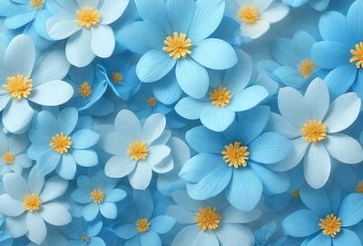 The primary subject of the image is a large group of blue flowers, which are the main objects in the scene. The setting is a blue background, which creates a visually appealing contrast with the flowers. The visual style of the image is a close-up of the flowers, showcasing their details and beauty. The dominant colors in the image are blue and yellow, which contribute to a calm and serene atmosphere.