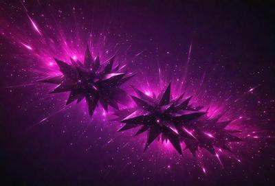 The primary subject of the image is a purple background with three large, brightly colored, and shiny star-like objects. The setting appears to be a space or a futuristic environment. The visual style of the image is a combination of digital art and illustration, creating a vibrant and captivating scene. The colors and mood of the image are predominantly purple, which gives it a sense of mystery and intrigue.