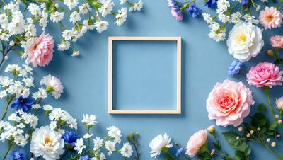 The primary subject of the image is a square frame with a blue background. The setting is a flower garden, with a variety of flowers surrounding the frame. The visual style is a combination of photo and digital art, creating a vibrant and lively atmosphere. The dominant colors are blue and white, with the flowers adding a splash of color to the scene.