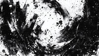 The primary subject of the image is a black and white painting of a circle. The setting is a white background, and the visual style appears to be a digital art or illustration. The dominant colors are black and white, creating a mood of simplicity and elegance.