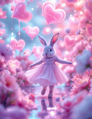 The primary subject of the image is a white bunny dressed in a pink dress, standing in a field of pink flowers. The setting is a pink and white garden, with the bunny as the main focus. The visual style is a digital art, creating a whimsical and playful atmosphere. The dominant colors are pink and white, with the pink flowers adding a touch of warmth and vibrancy to the scene.