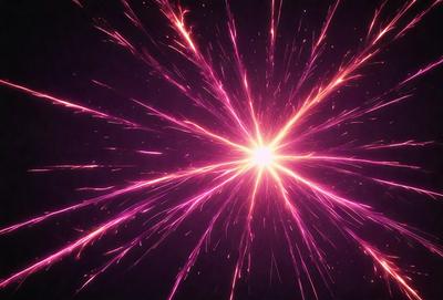 The primary subject of the image is a bright, pink, and purple explosion, which appears to be a firework or a light source. The setting is a dark background, which contrasts with the bright colors of the explosion. The visual style of the image is a close-up of the explosion, showcasing its vibrant colors and details. The colors and mood of the image are energetic and lively, with the bright pink and purple hues creating a sense of excitement and dynam
