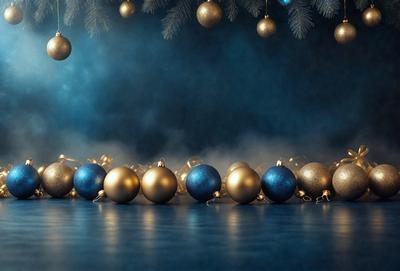 The primary subject of the image is a group of gold and blue Christmas ornaments. The ornaments are hanging from a tree, creating a festive and holiday atmosphere. The setting is a dark blue background, which contrasts with the bright colors of the ornaments. The visual style is a combination of photo and digital art, as the ornaments are realistic yet have a digital quality to them. The colors and mood of the image are predominantly gold and blue, with a sense of warmth and celebration.