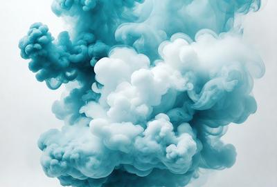 The primary subject of the image is a cloud of smoke, which appears to be blue and white in color. The setting is a sky, and the visual style is a digital art or illustration. The dominant colors and overall atmosphere of the image are a mix of blue and white, creating a sense of depth and movement.
