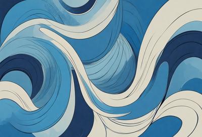 The primary subject of the image is a blue and white ocean wave. The setting is the ocean, with the wave being the main focus of the image. The visual style is a combination of digital art and illustration, creating a dynamic and vibrant scene. The dominant colors are blue and white, giving the image a calming and serene atmosphere.
