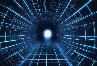 The primary subject of the image is a tunnel with a blue light illuminating it. The tunnel appears to be a futuristic, digital art creation, giving it a unique and intriguing visual style. The setting is a dark, enclosed space, and the background features a blue grid pattern that adds to the overall atmosphere. The colors and mood of the image are predominantly blue, creating a sense of depth and mystery.