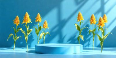 The primary subject of the image is a group of yellow flowers, which are the main focus of the scene. The flowers are placed on a blue surface, which serves as the setting or background. The visual style of the image is a combination of photo and digital art, creating a vibrant and lively atmosphere. The dominant colors in the image are yellow and blue, which contribute to the overall mood and aesthetic of the scene.