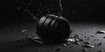 The primary subject of the image is a black and white photo of a wine glass. The setting is a dark background, and the visual style is a close-up of the wine glass. The colors and mood of the image are predominantly black and white, creating a dramatic and moody atmosphere.