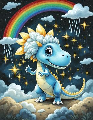 The primary subject of the image is a cartoon dinosaur, specifically a blue and yellow T-Rex, wearing a flower on its head. The dinosaur is standing on a rocky surface, with a cloudy sky in the background. The visual style of the image is a digital art or illustration, featuring a vibrant color palette and a playful, whimsical atmosphere.