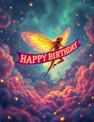 The primary subject of the image is a butterfly, which is depicted in a colorful and whimsical manner. The butterfly is flying through a cloudy, pink and purple sky, which serves as the setting for the scene. The visual style of the image is a combination of digital art and illustration, creating a vibrant and lively atmosphere. The dominant colors in the image are pink, purple, and yellow, which contribute to the overall mood of the scene.