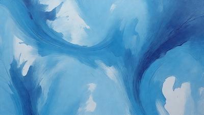 The primary subject of the image is a blue and white painting of clouds. The setting is a blue background, and the visual style appears to be a digital art or illustration. The dominant colors are blue and white, creating a calm and serene atmosphere.