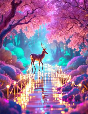 Happy Birthday: A deer with antlers is walking down a path with a "Happy Birthday" message. The scene is set in a forest with pink flowers and purple lights. The visual style is a digital art illustration. The dominant colors are pink and purple, creating a warm and celebratory atmosphere.
