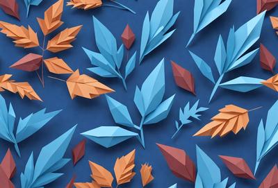 The primary subject of the image is a collection of colorful leaves, which are displayed in various shapes and sizes. The leaves are arranged in a visually appealing manner, creating a sense of depth and dimension. The setting is a blue background, which provides a contrasting and complementary color to the vibrant leaves. The visual style of the image is a combination of digital art and illustration, as the leaves are carefully crafted and arranged to create a cohesive and eye-catching design. The colors and mood of