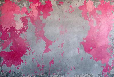 The primary subject of the image is a large, pink and grey wall with a pattern of pink and grey paint. The setting is a room with a grey background. The visual style is a combination of digital art and illustration. The dominant colors are pink and grey, creating a warm and inviting atmosphere.