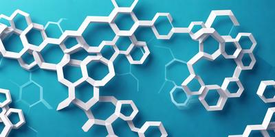 The primary subject of the image is a close-up of a white molecule or chemical structure. The setting is a blue background, which creates a contrasting and visually appealing effect. The visual style is a combination of digital art and illustration, as the molecule is depicted in a detailed and intricate manner. The colors and mood of the image are predominantly blue, which adds a sense of calmness and sophistication to the overall atmosphere.