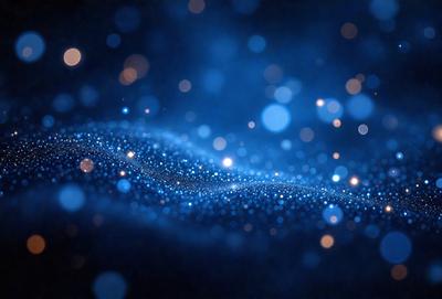 The primary subject of the image is a blue background with a pattern of blue and white lights. The setting appears to be a dark space, possibly a night sky or a dark room. The visual style of the image is a combination of a photo and digital art, creating a unique and captivating atmosphere. The colors and mood of the image are predominantly blue and white, giving it a serene and calming feel.