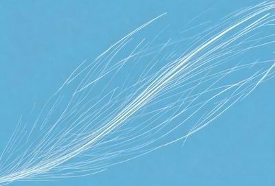 The primary subject of the image is a white feather, which is the main object, scene, or focus of the image. The setting is a blue sky, and the visual style is a digital art or illustration. The dominant colors are white and blue, creating a calm and serene atmosphere.