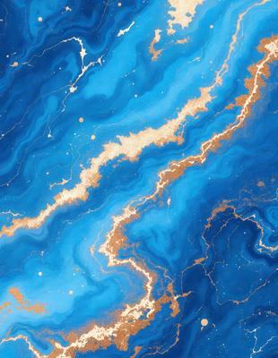The primary subject of the image is a blue and gold swirling pattern, which appears to be a painting or a digital artwork. The setting is a blue background, and the visual style is a combination of photo and digital art. The dominant colors are blue and gold, creating a vibrant and lively atmosphere.