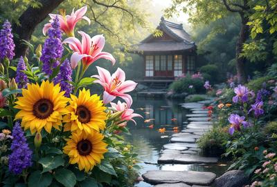 Primary subject: A beautiful garden with a variety of flowers, including sunflowers, lilies, and other plants.

Setting/background: The garden is situated next to a pond, creating a serene and picturesque environment.

Visual style: The image is a photo of the garden, capturing the vibrant colors and intricate details of the flowers and plants.

Colors and mood: The garden is filled with a variety of vibrant colors, including shades of yellow, pink