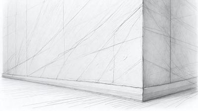 The primary subject of the image is a white wall with a drawing of a wall on it. The setting is a room with a wooden floor. The visual style is a drawing or illustration, and the colors and mood are predominantly white, giving the image a clean and minimalist appearance.