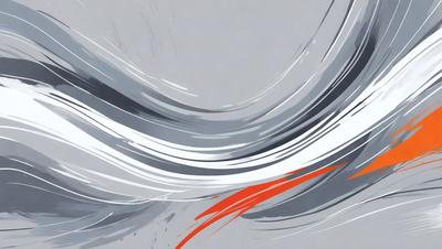 The primary subject of the image is a large, abstract painting featuring a mix of white, gray, and orange colors. The setting is a gray background, which contrasts with the vibrant colors of the painting. The visual style is a combination of digital art and illustration, creating a unique and eye-catching piece of art. The dominant colors are white, gray, and orange, which together create a sense of depth and movement in the painting.