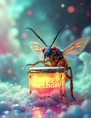 The primary subject of the image is a beetle, which is sitting on a drum. The setting is a colorful and vibrant environment, with a backdrop of clouds. The visual style is a combination of photo and digital art, creating a unique and eye-catching scene. The dominant colors are red, yellow, and green, giving the image a lively and cheerful atmosphere.