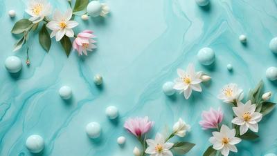 The primary subject of the image is a close-up of a flower arrangement, featuring a mix of pink and white flowers. The setting is a blue background, which adds a vibrant and calming atmosphere to the scene. The visual style is a combination of photo and digital art, creating a realistic yet artistic representation of the flowers. The colors and mood convey a sense of freshness and beauty, making the image an appealing and captivating sight.