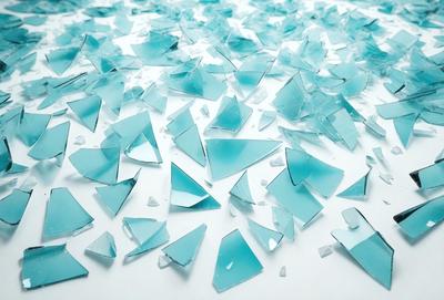 The primary subject of the image is a large collection of broken glass, which is scattered across a white surface. The setting appears to be a workspace or a place where the broken glass has been gathered. The visual style of the image is a close-up of the broken glass, showcasing its various shapes and sizes. The colors and mood of the image are predominantly white, with the broken glass adding a sense of chaos and disorder to the scene.