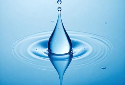The primary subject of the image is a single drop of water, which is captured in a close-up shot. The setting is a blue background, which adds to the overall mood of the image. The visual style is a photo, showcasing the water drop in its natural form. The colors and mood of the image are predominantly blue, creating a serene and calming atmosphere.