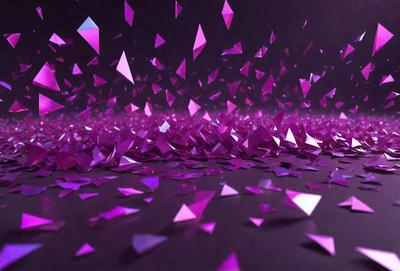 The primary subject of the image is a large number of purple triangles scattered across a black background. The setting appears to be a dark room, and the visual style is a combination of digital art and illustration. The dominant colors in the image are purple and black, creating a moody and dramatic atmosphere.