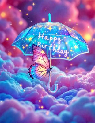 The primary subject of the image is a butterfly, which is the main focus of the scene. The butterfly is positioned under a blue umbrella, which is the setting or background of the image. The visual style of the image is digital art, as it is a colorful and vibrant illustration. The dominant colors in the image are blue and pink, creating a cheerful and lively atmosphere.
