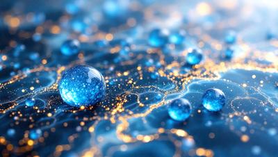 The primary subject of the image is a blue sphere, which is the main object in the scene. The setting is a blue background, and the visual style appears to be a digital art or illustration. The dominant colors in the image are blue and yellow, creating a vibrant and lively atmosphere.
