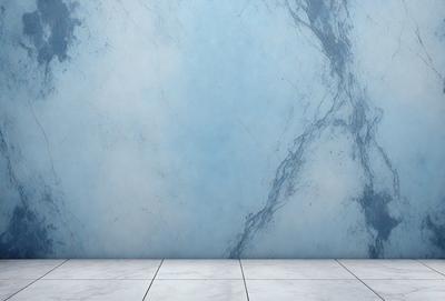 The primary subject of the image is a large, blue marble wall. The setting is a room with a tiled floor, and the visual style is a photo. The dominant colors are blue and white, creating a calm and serene atmosphere.