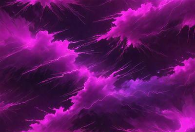 The primary subject of the image is a purple sky with lightning bolts streaking through it. The setting is a purple cloudy sky, and the visual style appears to be a digital art or illustration. The dominant colors are purple and pink, creating a vibrant and energetic atmosphere.