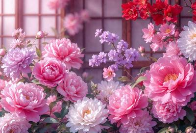 The primary subject of the image is a beautiful bouquet of pink flowers. The flowers are arranged in a vase, creating a visually appealing scene. The setting is a garden, with a wooden fence in the background. The visual style of the image is a photo, capturing the natural beauty of the flowers and their surroundings. The colors and mood of the image are predominantly pink, creating a warm and inviting atmosphere.